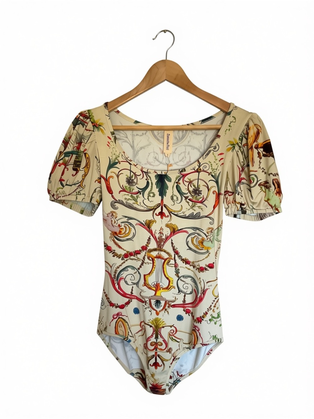 NWT Samantha Pleet Cream Multi Baroque Scoop-Neck Puff-Sleeve Bodysuit